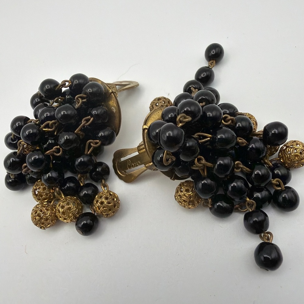 Coro Signed Black Glass Bead Earrings Dangle w/Brass Filigree Accents Vintage